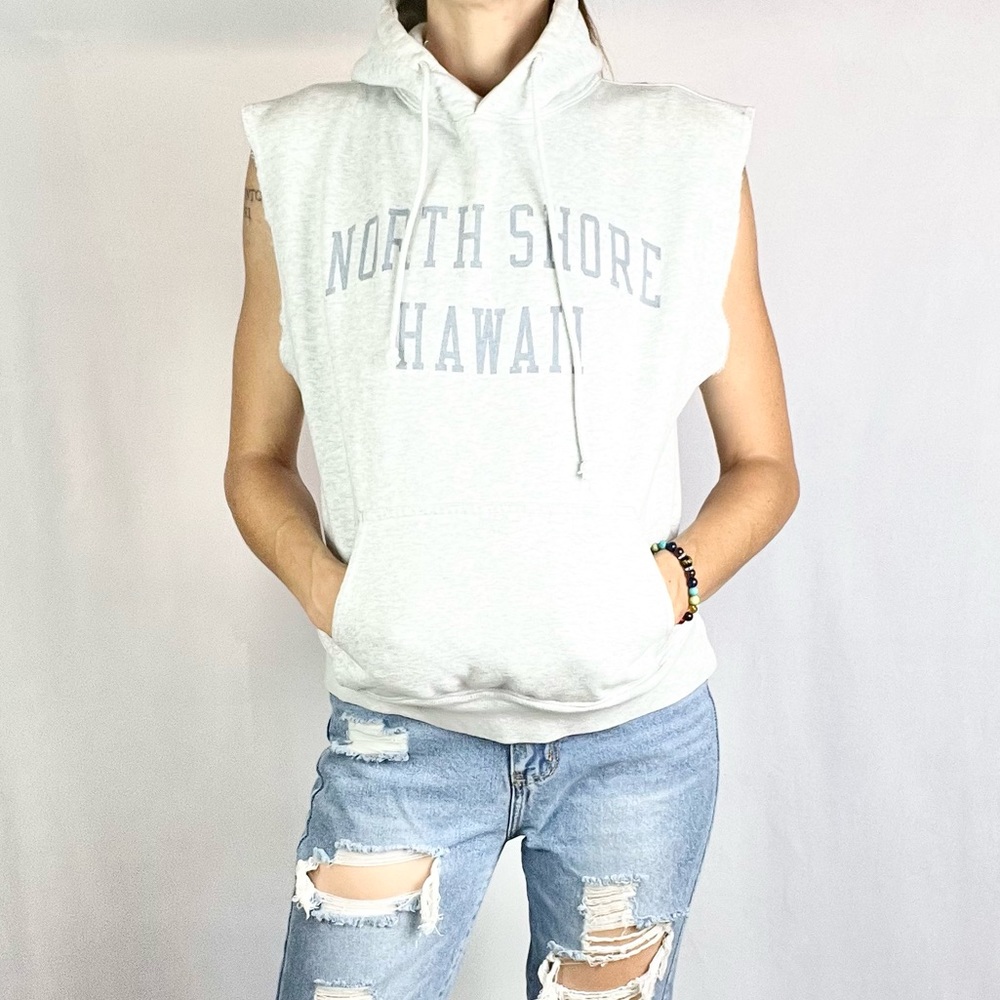 JOHN GALT |🏝️”NORTH SHORE HAWAII” Print Heather Gray Faded Sleeveless Hoodie